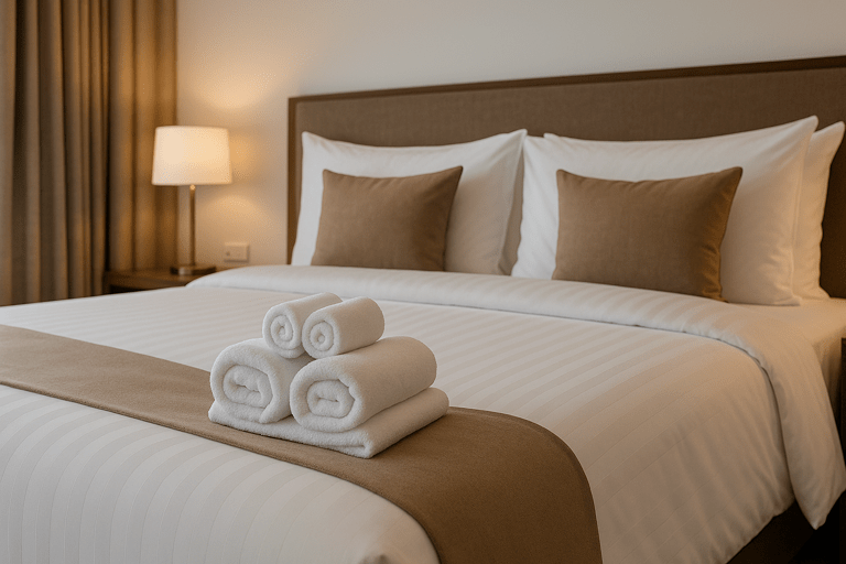 Habitació d’hotel amb roba de llit i tovalloles netes, rentades per Bugaderia Kassandra