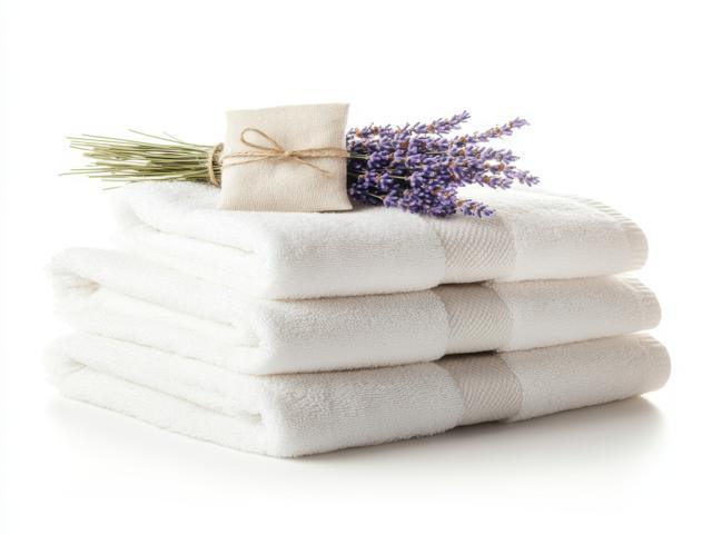 Tovalloles blanques, suaus i apilades amb un ram de lavanda